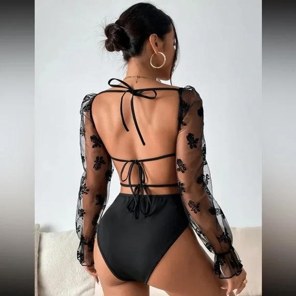 Luxe floral mesh sleeve open back bodysuit